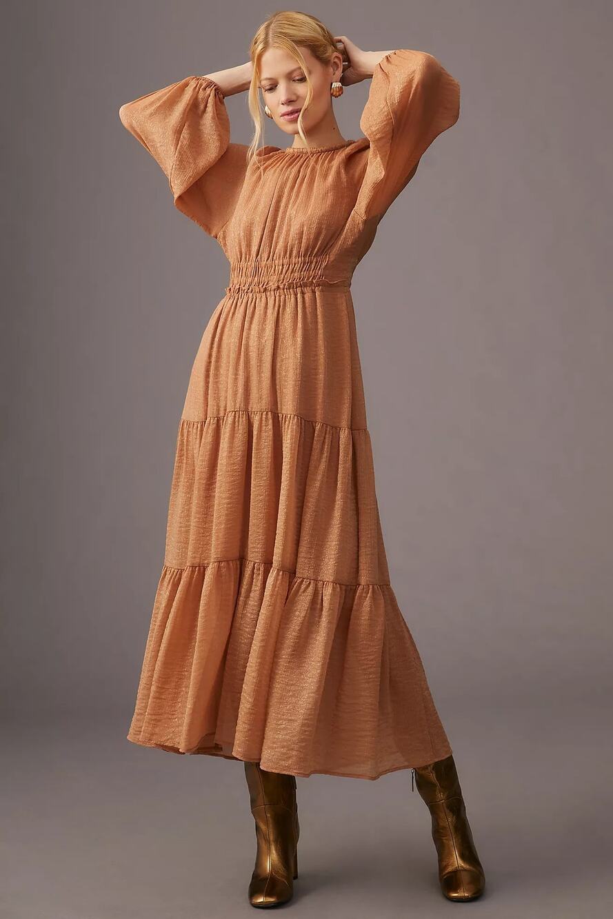 MOON RIVER Tiered Maxi Dress Terracotta Metallic Smocked Waist Women's M